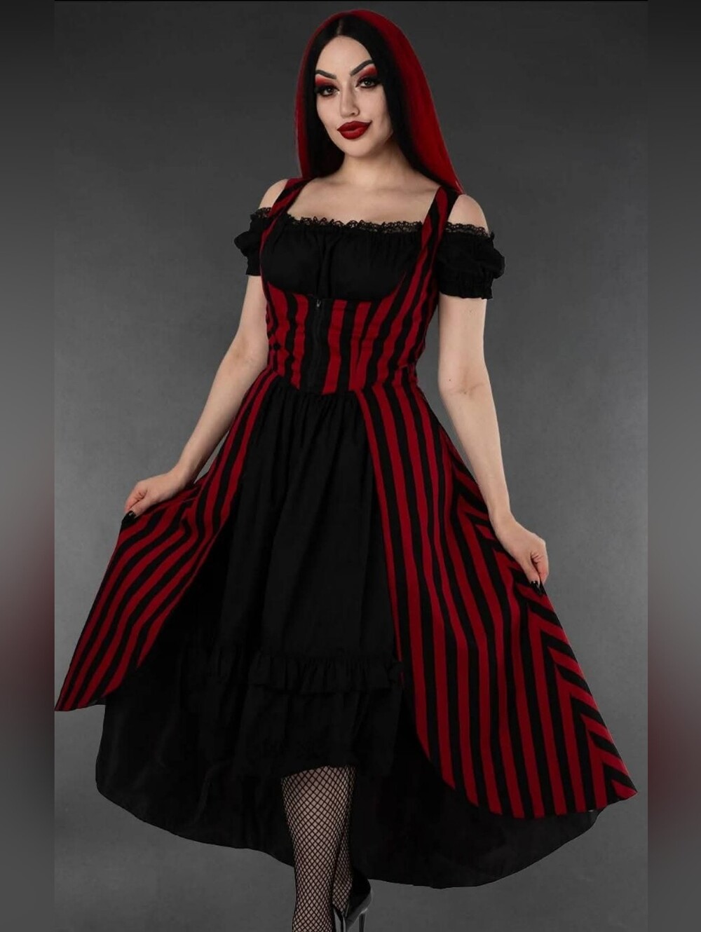 Red & Black Striped Gothic Off-Shoulder Dress